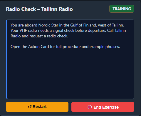Mission card showing Radio Check – Tallinn Radio scenario briefing