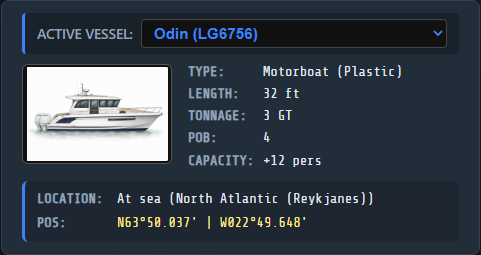 Active vessel card showing Odin motorboat details