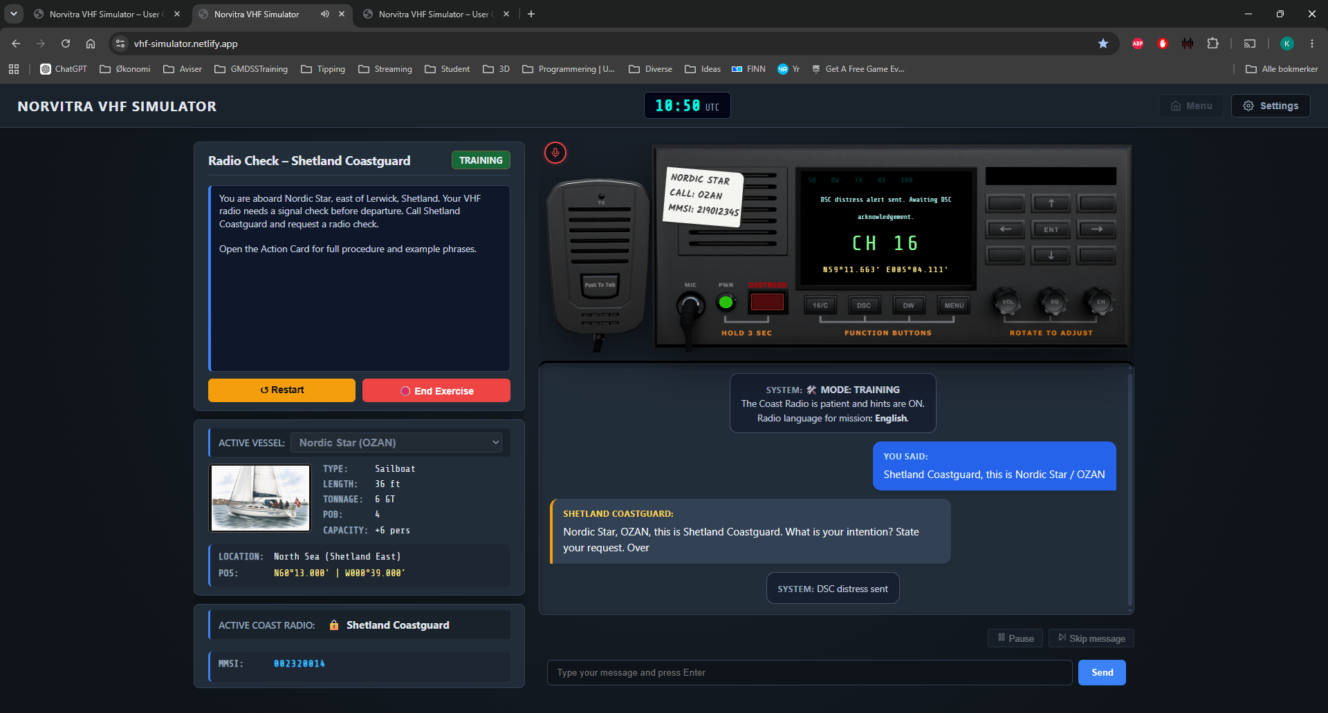 Radio display showing DSC distress sent and message log