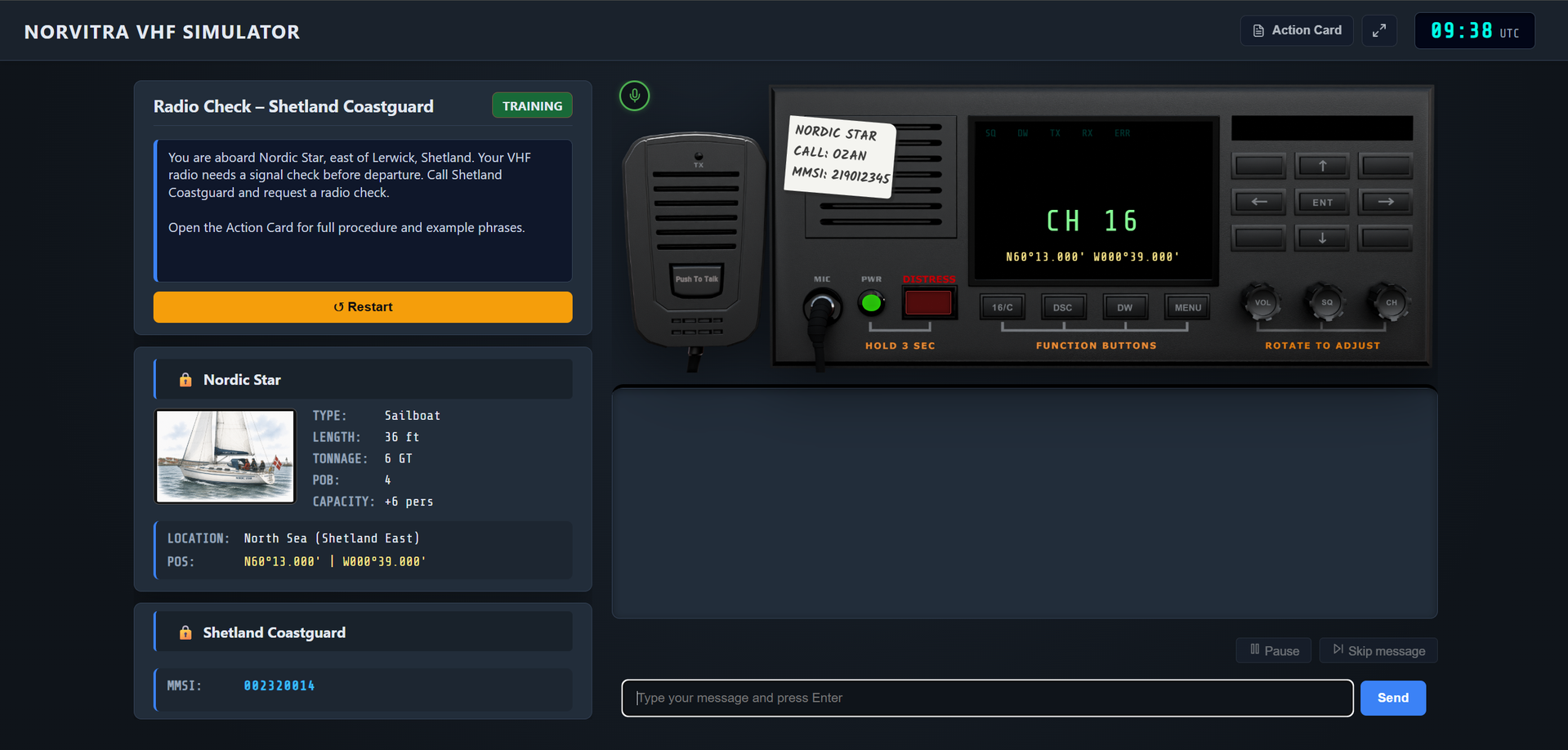 Norvitra VHF Simulator interface showing an active Radio Check exercise with Shetland Coastguard