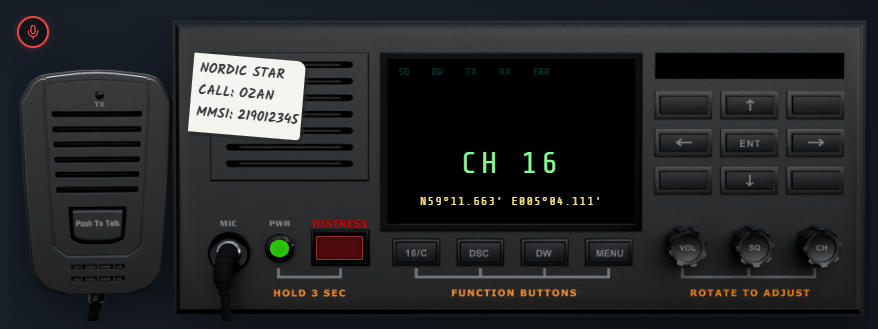 VHF radio showing Channel 16 on display